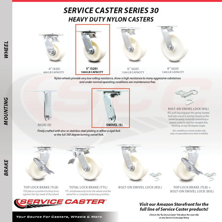 Service Caster 5 Inch Nylon Swivel Caster Set with Ball Bearings 2 Brakes SCC-30CS520-NYB-2-TLB-2